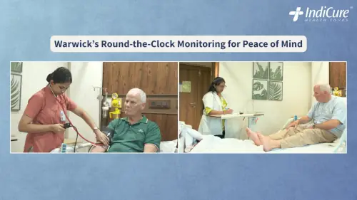 Warwick Eves receiving medical care and monitoring from professional nursing staff in an Indian hospital after his joint surgery.